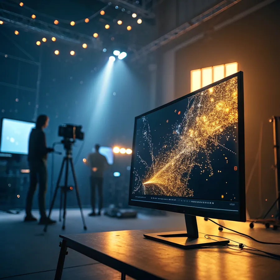 Studio de production vidéo avec écran affichant un visuel généré par IA